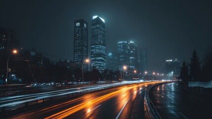 Naklejka premium Nighttime cityscape with illuminated skyscrapers and light trails on wet road, showcasing modern architecture and urban atmosphere through rain and fog