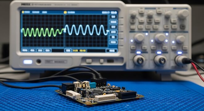 Oscilloscope displaying waveform signal with electronic circuit board on test bench