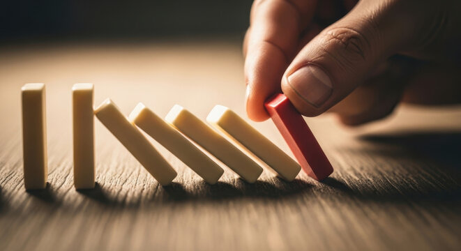 Stopping Domino Effect with Finger Strategy Concept Decision Making Prevention Solution Problem Solving Intervention Risk Management Leadership