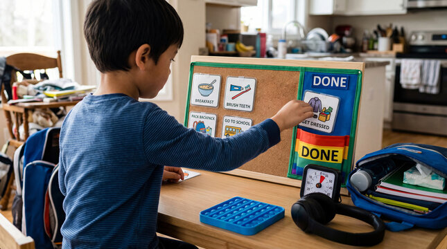 Neurodiverse boy using a visual schedule board with pictograms for autism support to complete a morning routine before school at home, placing "Get dressed" pictogram on a section for done tasks