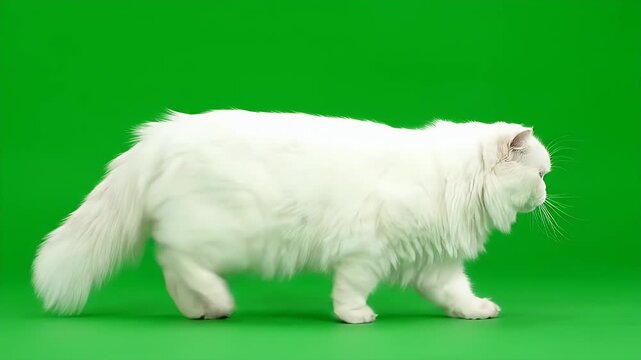 white longhair cat walking across a green screen background for chroma key composite