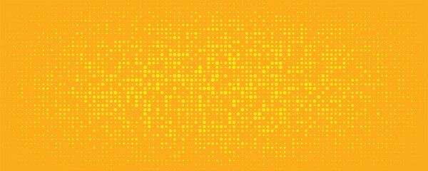 Yellow orange halftone background. Retro comic gradient background. Square pixilated dots cartoon texture. Pop art faded gradient pattern. Vector backdrop. © adipati
