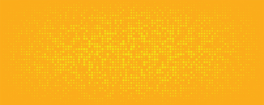 Yellow orange halftone background. Retro comic gradient background. Square pixilated dots cartoon texture. Pop art faded gradient pattern. Vector backdrop.