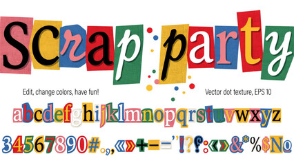 Fototapeta premium Colorful ransom note style alphabet letters and numbers cut out from magazines