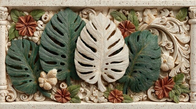 Tropical Monstera Leaf Relief Carving with Floral Accents.