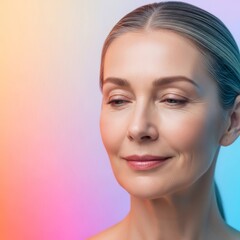 Naklejka premium Serene mature features displaying radiant translucent skin and a peaceful look, emphasizing natural hydration and timeless facial beauty, vitality, skincare, healthy