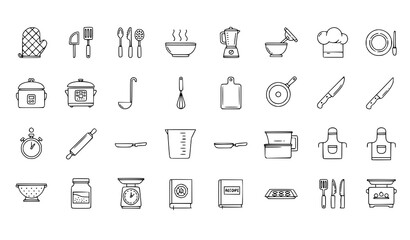 Fototapeta premium Kitchen and Cooking Outline Icon Set with Utensils Blender Chef Hat Pot and Food Preparation Symbols