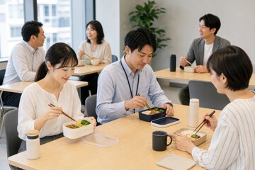 Fototapeta premium 職場で健康弁当を食べるビジネスチーム