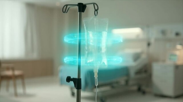 Healthcare Cybersecurity Intravenous drip hospital stand patient bed medical room modern healthcare sterile equipment glowing hologram futuristic technology clinical interior recovery care infusion
