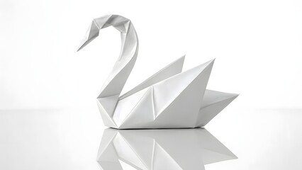 Elegant Origami Swan with Glossy White Paper and Mirror Reflection Luxury Composition