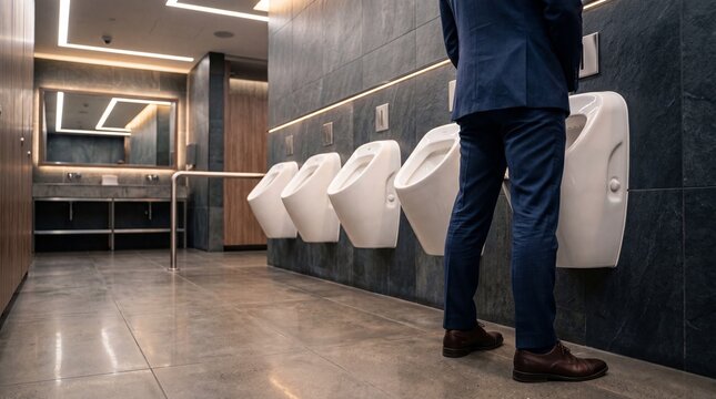 Back view of a man in a blue business suit using a white ceramic urinal in a contemporary, stylish dark tile bathroom.
