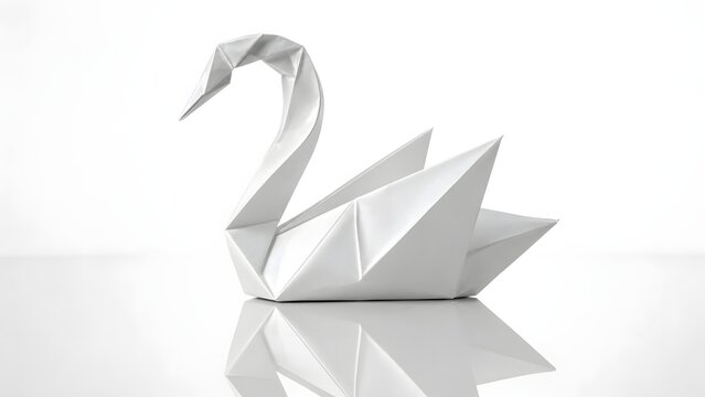 Elegant Origami Swan with Glossy White Paper and Mirror Reflection Luxury Composition