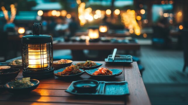 Cozy outdoor dining scene at night featuring lantern light and a variety of delicious dishes on wooden tables in a restaurant setting