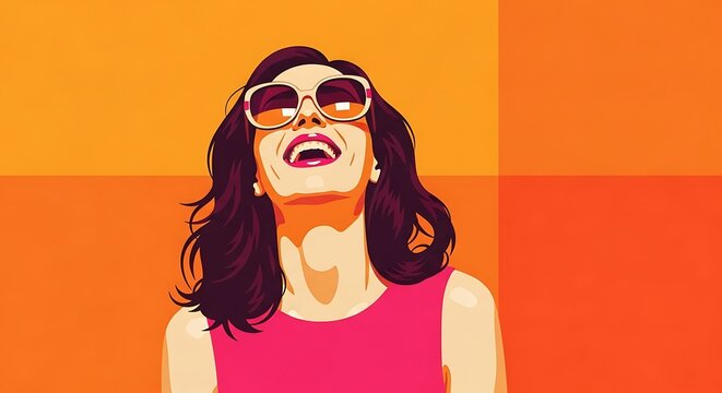 Woman wearing stylish sunglasses laughs joyfully against a vibrant orange background in a pop art illustration style that captures an energetic and positive mood for creative marketing campaigns.