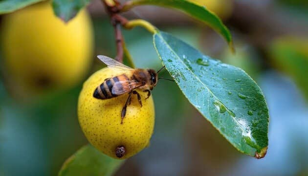 A bee crawling on a fresh yellow pear, fruit still attached to tree, garden pests or pollination concept, macro shot