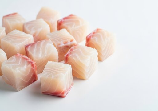 Freshly cut cod fish fillet cubes arranged on a clean white studio background. High quality raw seafood chunks for gourmet cooking and soup, loin, meal, food