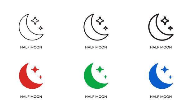 Half Moon Line Icon Set for Night Sky, Lunar Phases, Sleep Wellness, Astronomy and Celestial Navigation Outline Vector Collection