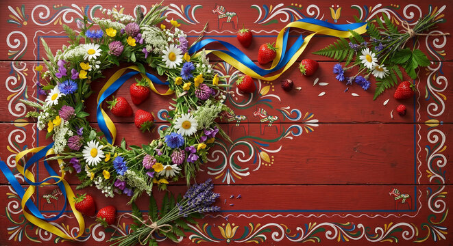Midsummer flat lay on Dala horse wood, copy space