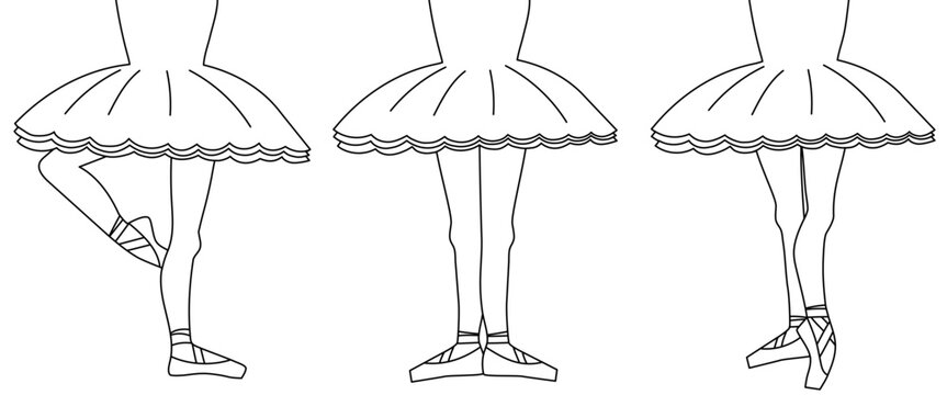 Vector illustration set of 3 line drawings of ballerinas' feet in tutus.
