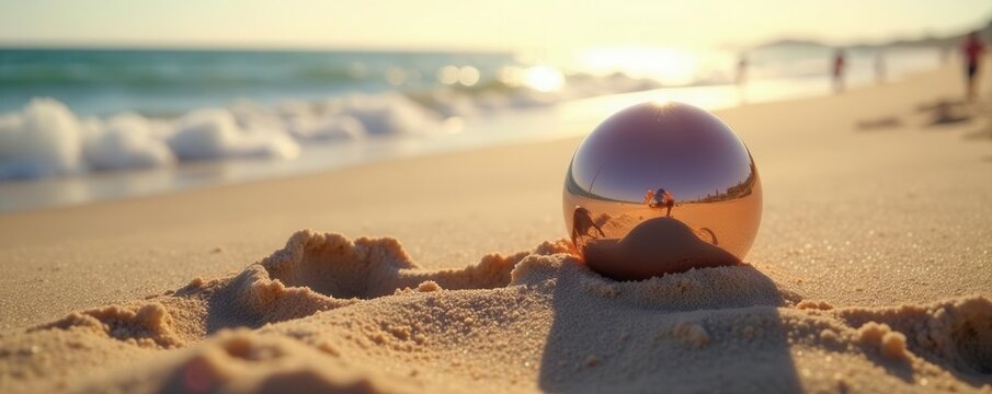 Chrome boccia balls gleam on sandy beach; bright sunlight , competition, sphere, glossy