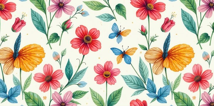 Classy vector floral seamless pattern Children's style crayon flowers & butterfly , artistic, flower, floral