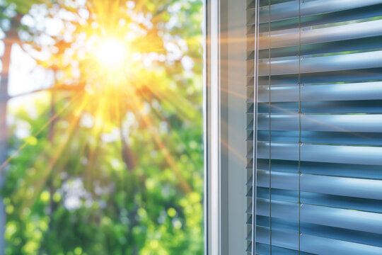 The sun is shining through the window blinds