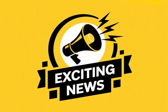 Exciting news label with a megaphone and flash effects on yellow background