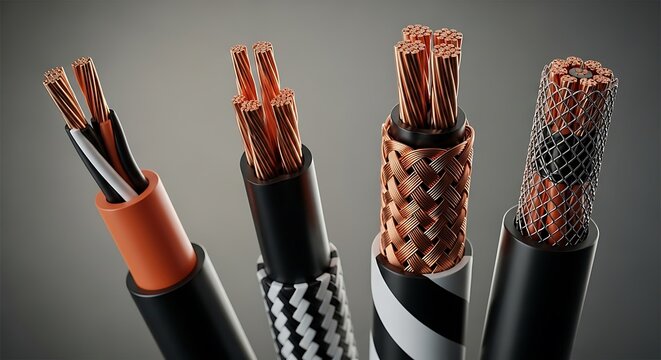 Braided electrical cables bundle with copper conductors in close-up detail