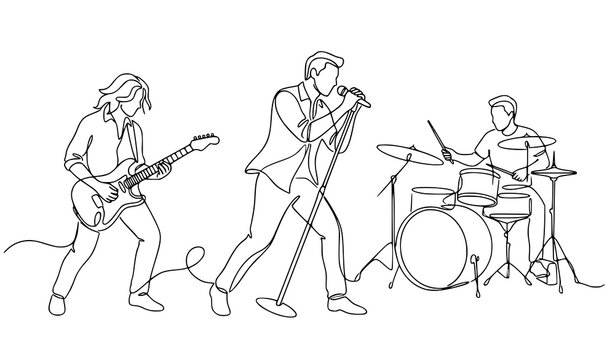 Rock Band Continuous Line Drawing with Guitarist Singer and Drummer Performing Live Music Vector Illustration