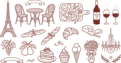 French culture and gastronomy hand drawn doodle icon set with croissant landmark restaurant chandelier illustration collection vacation european lifestyle