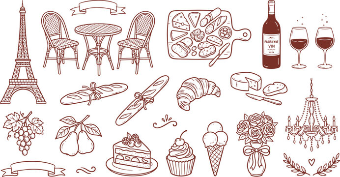 French culture and gastronomy hand drawn doodle icon set with croissant landmark restaurant chandelier illustration collection vacation european lifestyle