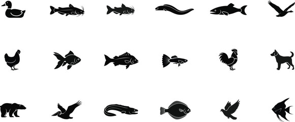 Fototapeta premium Animal silhouettes, wildlife icons, black animal shapes, vector illustrations, 20 animal graphics