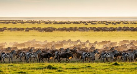 Obraz premium Thousands of zebras and wildebeests move together across an untouched grassy plain during the annual seasonal migration in golden light, scenic, seasonal, ground