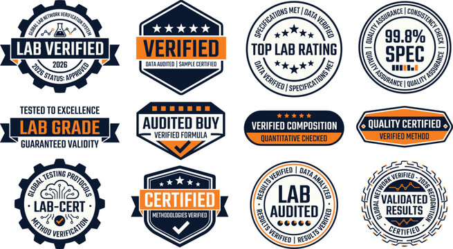 Laboratory Verified Certified Badge Set Lab Grade Audited Validated Results Verified Composition Quality Assurance Spec Data Tested 2026 Collection