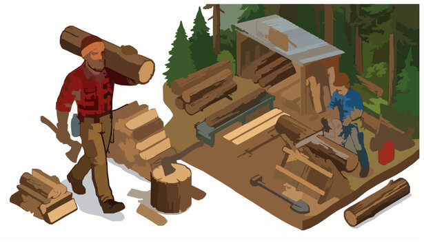 Flat Vector Isometric Illustration of Lumberjack Workers Logging Camp Wood Chopping Forest Industry Scene