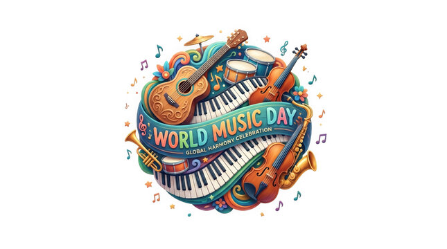 Vibrant world music day illustration with musical instruments and notes isolated on transparent background