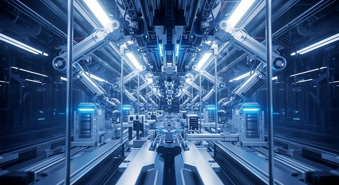 Advanced robotic arm assembly line in futuristic high-tech factory with blue lighting