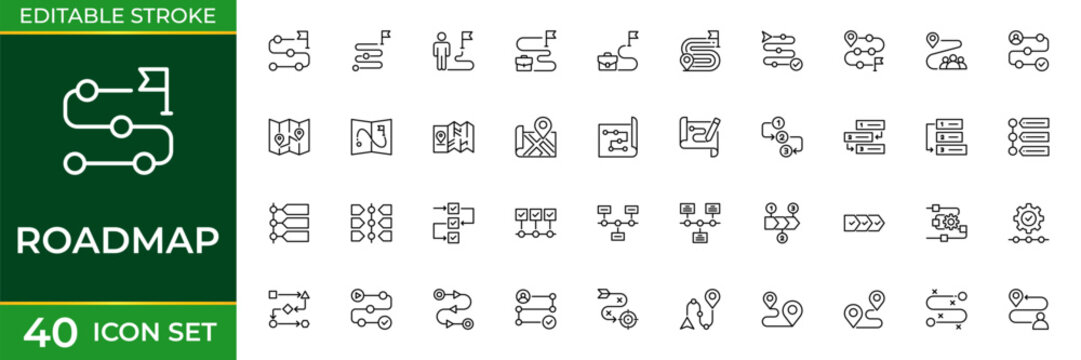 Roadmap Line Icon Set for Strategic Planning, Project Timeline, Business Development, Goal Tracking and Product Management Outline Vector Collection