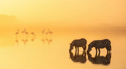 Fototapeta premium Zebras drinking from a calm mirror-like pond at sunset, with luminous pink flamingos standing in the hazy distance under a golden sky, tranquil, watering hole, luminous