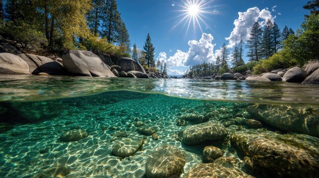 Crystal clear water splits above and below, revealing rocky riverbed and sunny sky