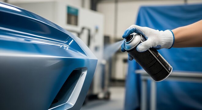 Professional polishing a sleek car body in an auto workshop