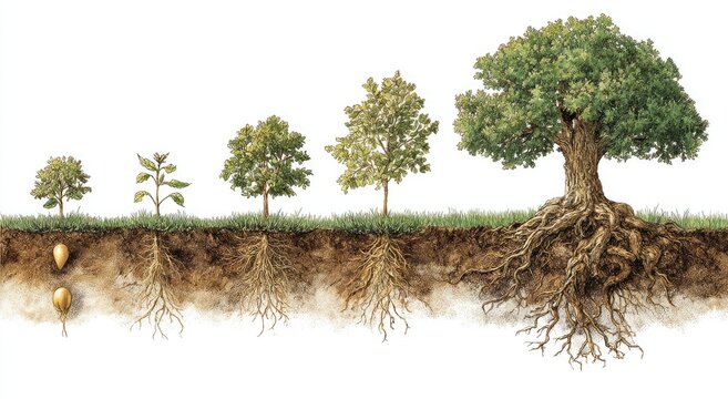 Stages of a tree's life cycle, from seed to mature oak with extensive root system