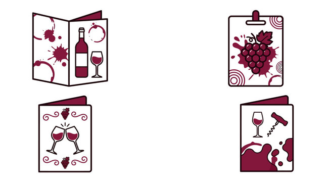 Set of four wine themed greeting cards with artistic illustrations