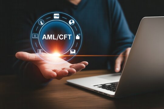Digital AML and CFT hologram interface held by hand in front of a laptop