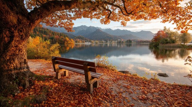 A solitary wooden bench awaits under a large tree ablaze with autumn foliage by a tranquil lake