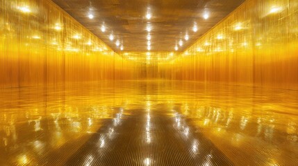Fototapeta premium Gilded immersive installation with reflective floor and suspended golden strands