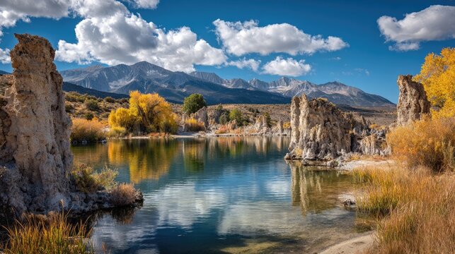 Autumn lake reflects tufa towers, trees, and distant mountains under clouds