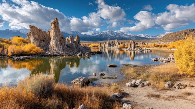 Autumnal lake with tufa formations and snow-capped mountains under clouds