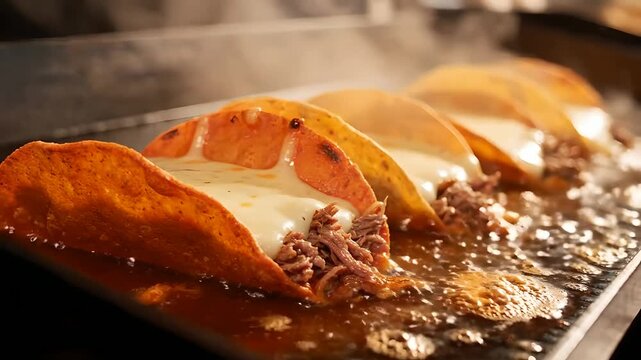 Sizzling birria tacos with melted cheese cooking on a hot smoking griddle