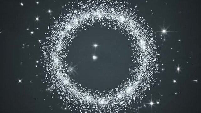 A glowing circular frame made of shimmering silver particles on a dark background